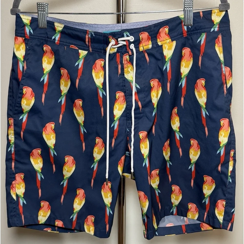 Bonobos Men's 40 Navy Parrot Print Swim Trunks Drawstring Mesh Lined Pockets